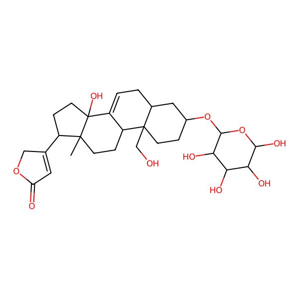 2D Structure of 3-[(3S,5S,9R,10R,13R,14R,17R)-14-hydroxy-10-(hydroxymethyl)-13-methyl-3-[(2R,3S,5R)-3,4,5,6-tetrahydroxyoxan-2-yl]oxy-1,2,3,4,5,6,9,11,12,15,16,17-dodecahydrocyclopenta[a]phenanthren-17-yl]-2H-furan-5-one