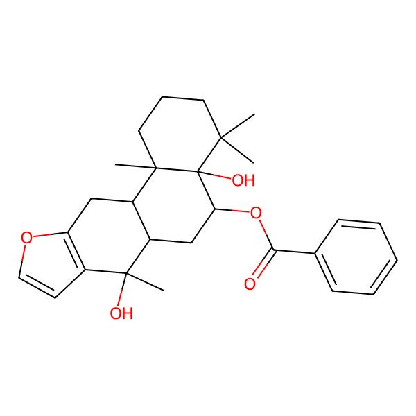 2D Structure of (4a,7-Dihydroxy-4,4,7,11b-tetramethyl-1,2,3,5,6,6a,11,11a-octahydronaphtho[2,1-f][1]benzofuran-5-yl) benzoate