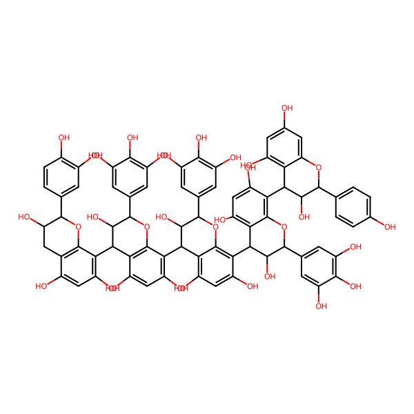 2D Structure of 4-[4-[4-[2-(3,4-dihydroxyphenyl)-3,5,7-trihydroxy-3,4-dihydro-2H-chromen-8-yl]-3,5,7-trihydroxy-2-(3,4,5-trihydroxyphenyl)-3,4-dihydro-2H-chromen-8-yl]-3,5,7-trihydroxy-2-(3,4,5-trihydroxyphenyl)-3,4-dihydro-2H-chromen-8-yl]-8-[3,5,7-trihydroxy-2-(4-hydroxyphenyl)-3,4-dihydro-2H-chromen-4-yl]-2-(3,4,5-trihydroxyphenyl)-3,4-dihydro-2H-chromene-3,5,7-triol