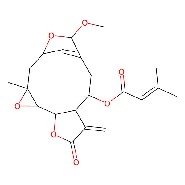 2D Structure of (14-Methoxy-3-methyl-9-methylidene-8-oxo-4,7,15-trioxatetracyclo[11.2.1.03,5.06,10]hexadec-13(16)-en-11-yl) 3-methylbut-2-enoate