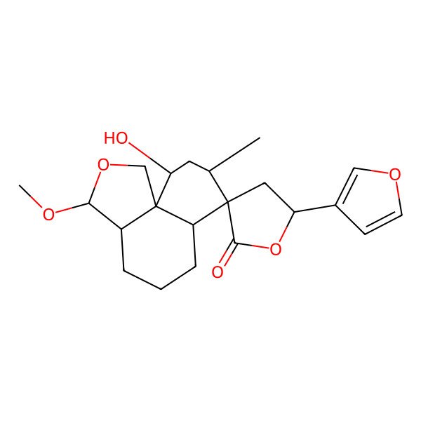 2D Structure of (3R,3aR,5'S,6aS,7R,8R,10R,10aR)-5'-(furan-3-yl)-10-hydroxy-3-methoxy-8-methylspiro[1,3,3a,4,5,6,6a,8,9,10-decahydrobenzo[d][2]benzofuran-7,3'-oxolane]-2'-one