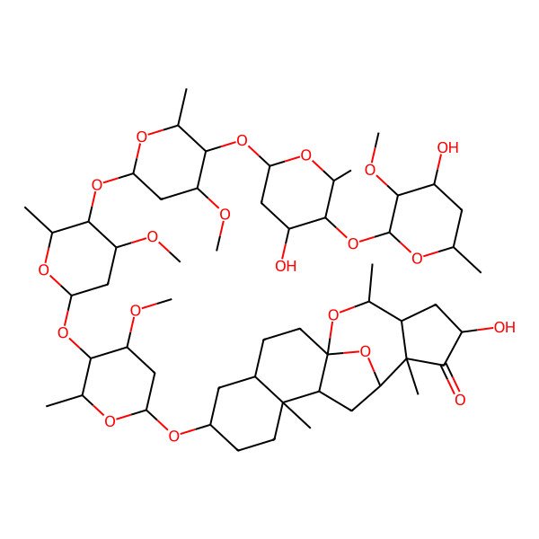 2D Structure of (1S,4S,6S,9S,10R,12R,13S,15S,17R,18S)-15-hydroxy-6-[(2R,4S,5R,6R)-5-[(2S,4S,5R,6R)-5-[(2S,4R,5R,6R)-5-[(2S,4S,5S,6R)-4-hydroxy-5-[(2S,3S,4R,6R)-4-hydroxy-3-methoxy-6-methyloxan-2-yl]oxy-6-methyloxan-2-yl]oxy-4-methoxy-6-methyloxan-2-yl]oxy-4-methoxy-6-methyloxan-2-yl]oxy-4-methoxy-6-methyloxan-2-yl]oxy-9,13,18-trimethyl-19,20-dioxapentacyclo[10.7.1.01,10.04,9.013,17]icosan-14-one