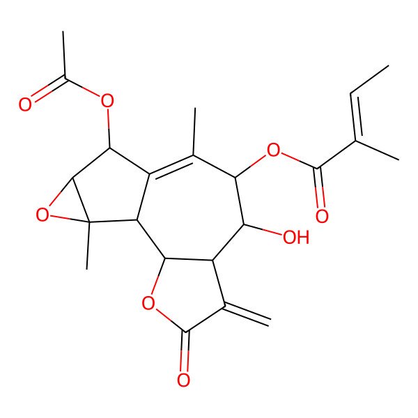 2D Structure of (11-Acetyloxy-7-hydroxy-9,14-dimethyl-5-methylidene-4-oxo-3,13-dioxatetracyclo[8.4.0.02,6.012,14]tetradec-9-en-8-yl) 2-methylbut-2-enoate