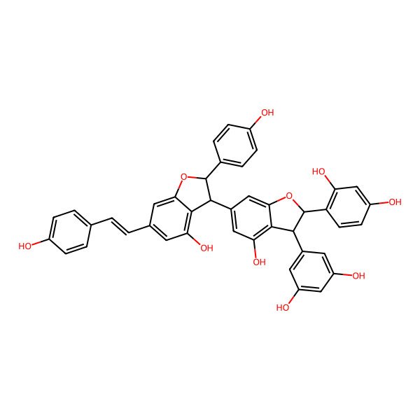 2D Structure of 4-[3-(3,5-Dihydroxyphenyl)-4-hydroxy-6-[4-hydroxy-2-(4-hydroxyphenyl)-6-[2-(4-hydroxyphenyl)ethenyl]-2,3-dihydro-1-benzofuran-3-yl]-2,3-dihydro-1-benzofuran-2-yl]benzene-1,3-diol