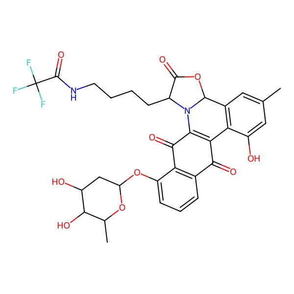 2D Structure of N-[4-[(3S)-19-[(2S,4S,5R)-4,5-dihydroxy-6-methyloxan-2-yl]oxy-11-hydroxy-9-methyl-4,14,21-trioxo-5-oxa-2-azapentacyclo[11.8.0.02,6.07,12.015,20]henicosa-1(13),7(12),8,10,15(20),16,18-heptaen-3-yl]butyl]-2,2,2-trifluoroacetamide