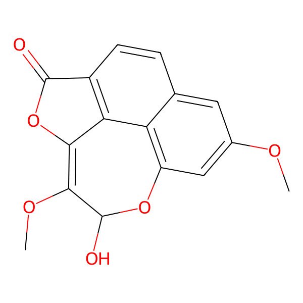 2D Structure of 6-Hydroxy-5,10-dimethoxy-3,7-dioxatetracyclo[6.6.2.04,15.012,16]hexadeca-1(15),4,8(16),9,11,13-hexaen-2-one