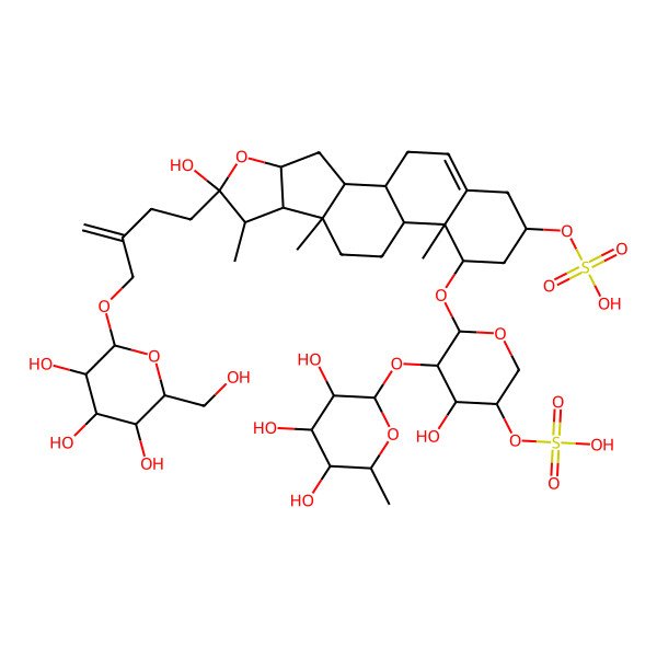 2D Structure of [(1S,2S,4S,6R,7S,8R,9S,12S,13R,14R,16R)-6-hydroxy-14-[(2S,3R,4R,5S)-4-hydroxy-5-sulfooxy-3-[(2S,3R,4R,5R,6S)-3,4,5-trihydroxy-6-methyloxan-2-yl]oxyoxan-2-yl]oxy-7,9,13-trimethyl-6-[3-[[(2R,3R,4S,5S,6R)-3,4,5-trihydroxy-6-(hydroxymethyl)oxan-2-yl]oxymethyl]but-3-enyl]-5-oxapentacyclo[10.8.0.02,9.04,8.013,18]icos-18-en-16-yl] hydrogen sulfate