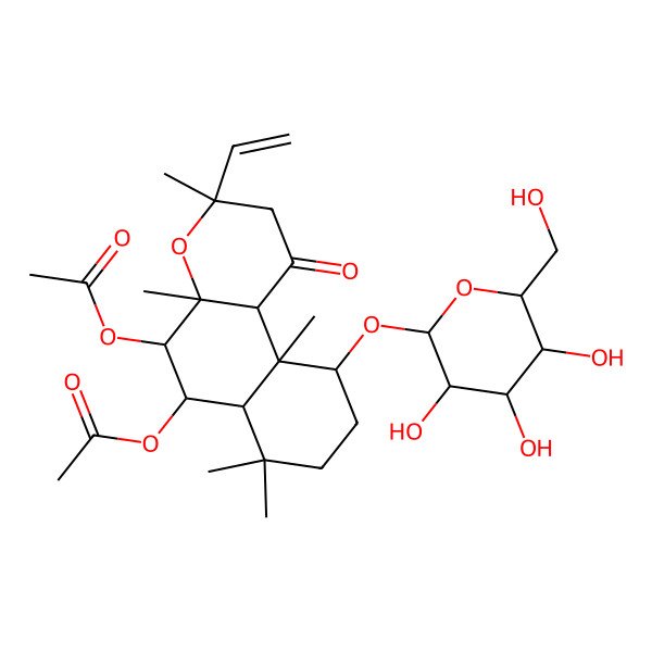2D Structure of [5-Acetyloxy-3-ethenyl-3,4a,7,7,10a-pentamethyl-1-oxo-10-[3,4,5-trihydroxy-6-(hydroxymethyl)oxan-2-yl]oxy-2,5,6,6a,8,9,10,10b-octahydrobenzo[f]chromen-6-yl] acetate