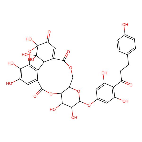 2D Structure of 10-[3,5-Dihydroxy-4-[3-(4-hydroxyphenyl)propanoyl]phenoxy]-1,11,12,18,19,23,23-heptahydroxy-6,9,14,24-tetraoxapentacyclo[18.3.1.04,22.08,13.016,21]tetracosa-3,16,18,20-tetraene-2,5,15-trione