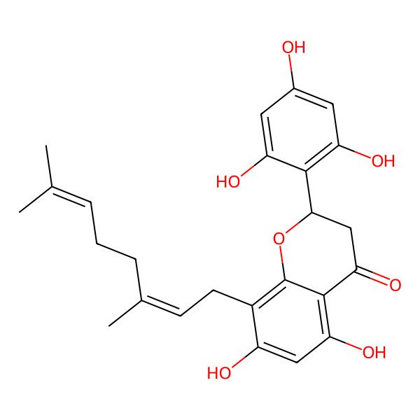 2D Structure of (2S)-8-[(2E)-3,7-dimethylocta-2,6-dienyl]-5,7-dihydroxy-2-(2,4,6-trihydroxyphenyl)-2,3-dihydrochromen-4-one