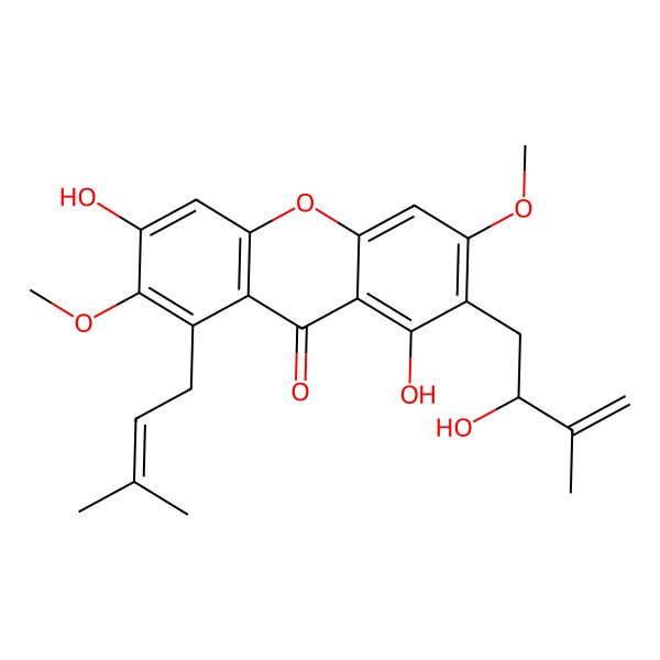 2D Structure of 1,6-dihydroxy-2-[(2R)-2-hydroxy-3-methylbut-3-enyl]-3,7-dimethoxy-8-(3-methylbut-2-enyl)xanthen-9-one
