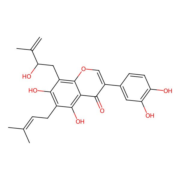 2D Structure of 3-(3,4-dihydroxyphenyl)-5,7-dihydroxy-8-[(2R)-2-hydroxy-3-methylbut-3-enyl]-6-(3-methylbut-2-enyl)chromen-4-one