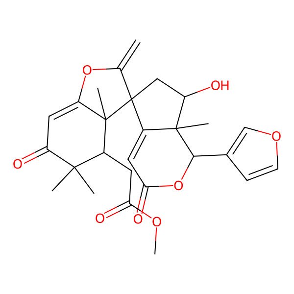2D Structure of methyl 2-[1'-(furan-3-yl)-7'-hydroxy-3a,5,5,7'a-tetramethyl-2-methylidene-3',6-dioxospiro[4H-1-benzofuran-3,5'-6,7-dihydro-1H-cyclopenta[c]pyran]-4-yl]acetate
