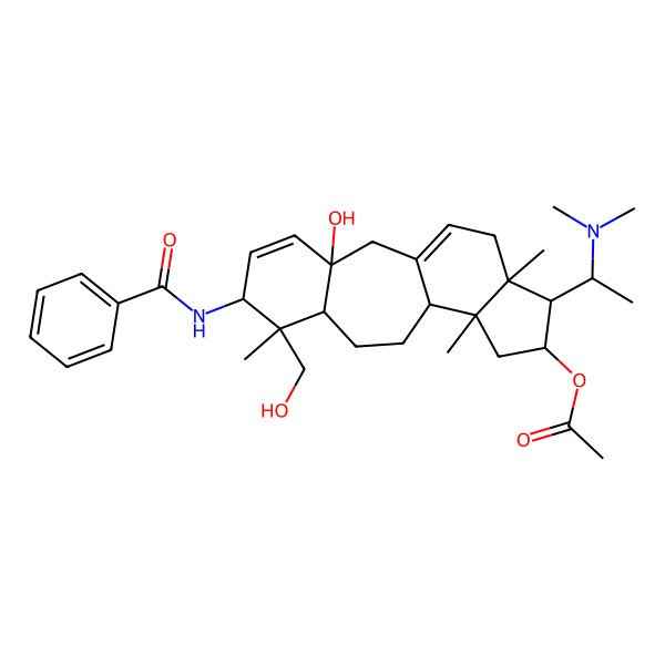 2D Structure of [6-Benzamido-15-[1-(dimethylamino)ethyl]-3-hydroxy-7-(hydroxymethyl)-7,12,16-trimethyl-14-tetracyclo[9.7.0.03,8.012,16]octadeca-1(18),4-dienyl] acetate