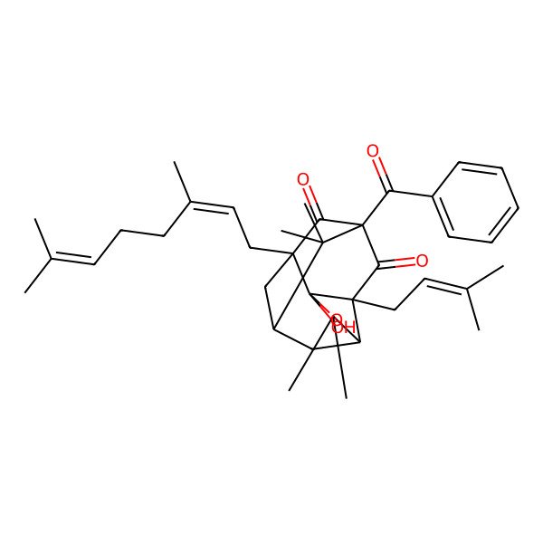 2D Structure of (1S,3S,7R,9R,11R)-1-benzoyl-11-[(2E)-3,7-dimethylocta-2,6-dienyl]-4-hydroxy-6,6,13,13-tetramethyl-3-(3-methylbut-2-enyl)-5-oxatetracyclo[7.3.1.03,7.04,11]tridecane-2,12-dione