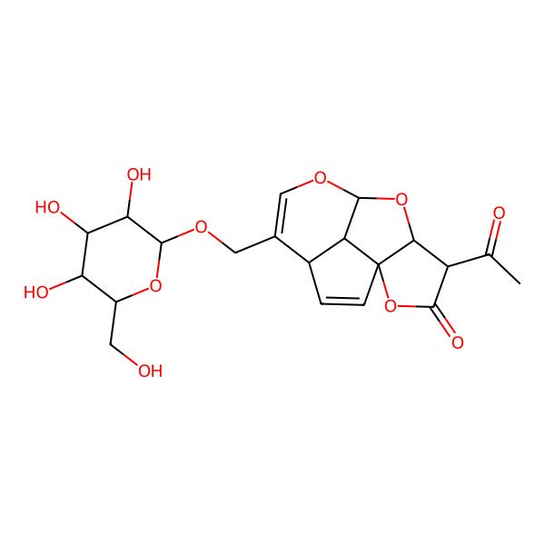 2D Structure of 11-Acetyl-5-[[3,4,5-trihydroxy-6-(hydroxymethyl)oxan-2-yl]oxymethyl]-7,9,13-trioxatetracyclo[6.5.1.01,10.04,14]tetradeca-2,5-dien-12-one