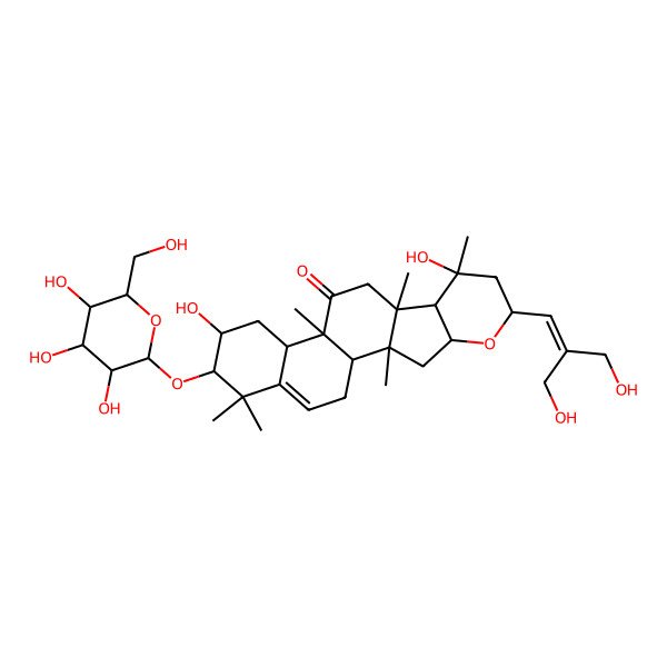 2D Structure of (1S,2S,4R,6S,8S,9R,10R,13R,14R,16S,17S)-8,16-dihydroxy-6-[3-hydroxy-2-(hydroxymethyl)prop-1-enyl]-2,8,10,13,18,18-hexamethyl-17-[(2R,3R,4S,5S,6R)-3,4,5-trihydroxy-6-(hydroxymethyl)oxan-2-yl]oxy-5-oxapentacyclo[11.8.0.02,10.04,9.014,19]henicos-19-en-12-one