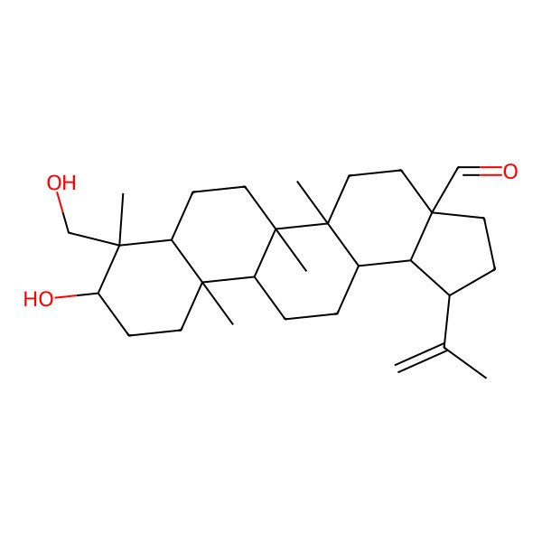 2D Structure of 9-Hydroxy-8-(hydroxymethyl)-5a,5b,8,11a-tetramethyl-1-prop-1-en-2-yl-1,2,3,4,5,6,7,7a,9,10,11,11b,12,13,13a,13b-hexadecahydrocyclopenta[a]chrysene-3a-carbaldehyde