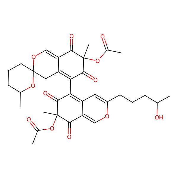 2D Structure of [5-(7-acetyloxy-6',7-dimethyl-6,8-dioxospiro[4H-isochromene-3,2'-oxane]-5-yl)-3-(4-hydroxypentyl)-7-methyl-6,8-dioxoisochromen-7-yl] acetate