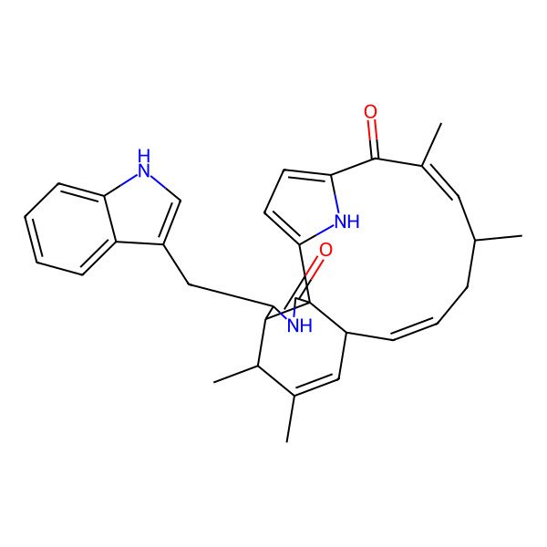 2D Structure of 5-(1H-indol-3-ylmethyl)-7,8,14,16-tetramethyl-4,21-diazatetracyclo[16.2.1.02,6.02,10]henicosa-1(20),8,11,15,18-pentaene-3,17-dione