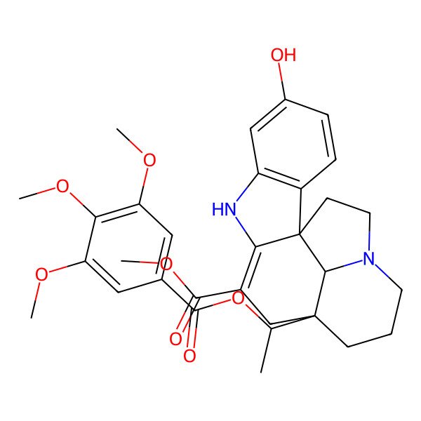 2D Structure of methyl (1R,12R,19R)-5-hydroxy-12-[(1S)-1-(3,4,5-trimethoxybenzoyl)oxyethyl]-8,16-diazapentacyclo[10.6.1.01,9.02,7.016,19]nonadeca-2(7),3,5,9-tetraene-10-carboxylate