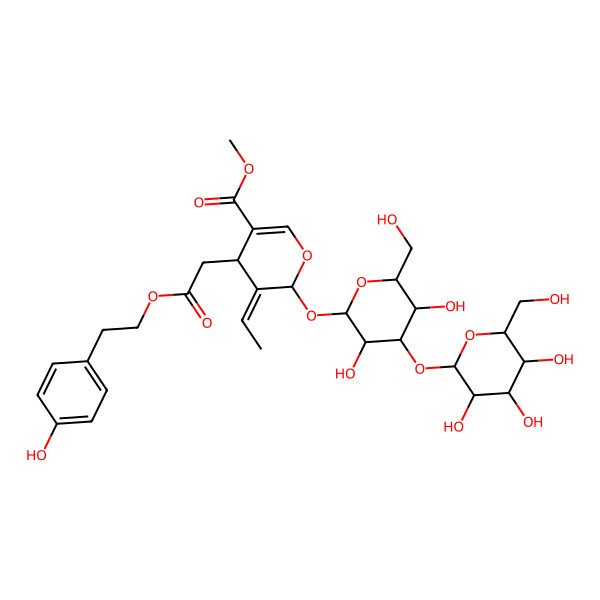 2D Structure of methyl 6-[3,5-dihydroxy-6-(hydroxymethyl)-4-[3,4,5-trihydroxy-6-(hydroxymethyl)oxan-2-yl]oxyoxan-2-yl]oxy-5-ethylidene-4-[2-[2-(4-hydroxyphenyl)ethoxy]-2-oxoethyl]-4H-pyran-3-carboxylate