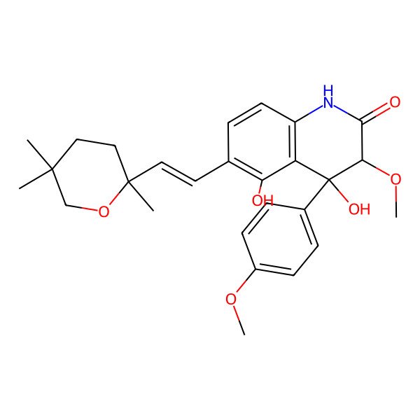 2D Structure of (3R,4R)-4,5-dihydroxy-3-methoxy-4-(4-methoxyphenyl)-6-((E)-2-(2,5,5-trimethyltetrahydro-2H-pyran-2-yl)vinyl)-3,4-dihydroquinolin-2(1H)-one