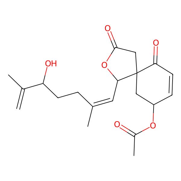2D Structure of [(1R,5R,9S)-1-(5-hydroxy-2,6-dimethylhepta-1,6-dienyl)-3,6-dioxo-2-oxaspiro[4.5]dec-7-en-9-yl] acetate