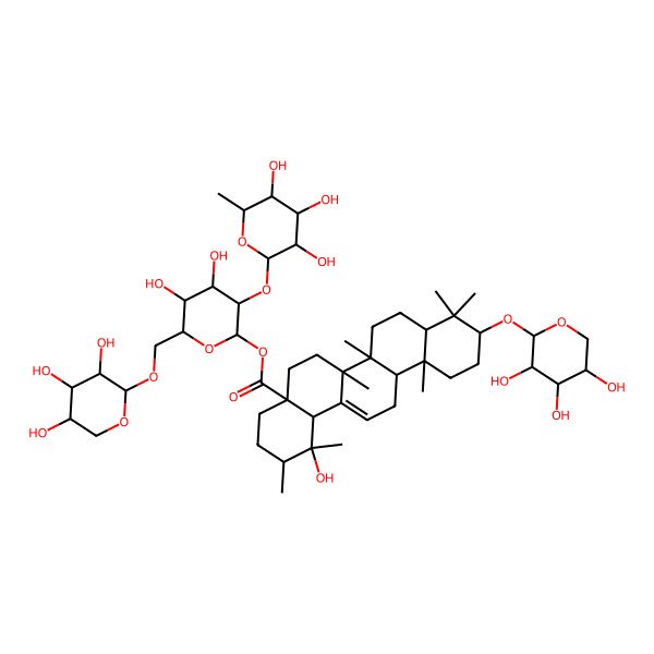 2D Structure of [(2S,3R,4S,5S,6R)-4,5-dihydroxy-3-[(2S,3R,4R,5R,6S)-3,4,5-trihydroxy-6-methyloxan-2-yl]oxy-6-[[(2S,3R,4S,5R)-3,4,5-trihydroxyoxan-2-yl]oxymethyl]oxan-2-yl] (1R,2R,4aS,6aR,6aS,6bR,8aR,10S,12aR,14bS)-1-hydroxy-1,2,6a,6b,9,9,12a-heptamethyl-10-[(2S,3R,4S,5S)-3,4,5-trihydroxyoxan-2-yl]oxy-2,3,4,5,6,6a,7,8,8a,10,11,12,13,14b-tetradecahydropicene-4a-carboxylate