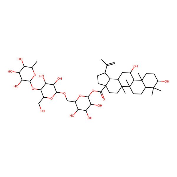 2D Structure of [(2S,3R,4S,5S,6R)-6-[[(2R,3R,4R,5S,6R)-3,4-dihydroxy-6-(hydroxymethyl)-5-[(2S,3R,4R,5R,6S)-3,4,5-trihydroxy-6-methyloxan-2-yl]oxyoxan-2-yl]oxymethyl]-3,4,5-trihydroxyoxan-2-yl] (1R,3aS,5aR,5bR,7aR,9R,11aS,11bR,12R,13aR,13bR)-9,12-dihydroxy-5a,5b,8,8,11a-pentamethyl-1-prop-1-en-2-yl-1,2,3,4,5,6,7,7a,9,10,11,11b,12,13,13a,13b-hexadecahydrocyclopenta[a]chrysene-3a-carboxylate