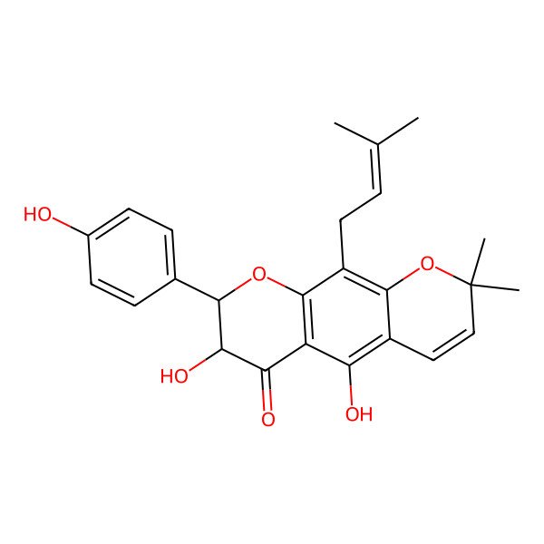 2D Structure of (7R,8S)-5,7-dihydroxy-8-(4-hydroxyphenyl)-2,2-dimethyl-10-(3-methylbut-2-enyl)-7,8-dihydropyrano[3,2-g]chromen-6-one