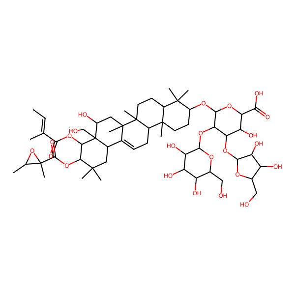 2D Structure of (2S,3S,4S,5R,6R)-6-[[(3S,4aR,6aR,6bS,8R,8aR,9R,10R,12aS,14aR,14bR)-10-(2,3-dimethyloxirane-2-carbonyl)oxy-8-hydroxy-8a-(hydroxymethyl)-4,4,6a,6b,11,11,14b-heptamethyl-9-[(Z)-2-methylbut-2-enoyl]oxy-1,2,3,4a,5,6,7,8,9,10,12,12a,14,14a-tetradecahydropicen-3-yl]oxy]-4-[(2S,3R,4R,5S)-3,4-dihydroxy-5-(hydroxymethyl)oxolan-2-yl]oxy-3-hydroxy-5-[(2S,3R,4S,5S,6R)-3,4,5-trihydroxy-6-(hydroxymethyl)oxan-2-yl]oxyoxane-2-carboxylic acid
