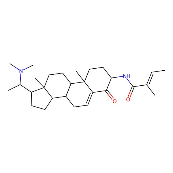 2D Structure of (Z)-N-[(3S,8S,9S,10R,13S,14S,17S)-17-[(1S)-1-(dimethylamino)ethyl]-10,13-dimethyl-4-oxo-1,2,3,7,8,9,11,12,14,15,16,17-dodecahydrocyclopenta[a]phenanthren-3-yl]-2-methylbut-2-enamide