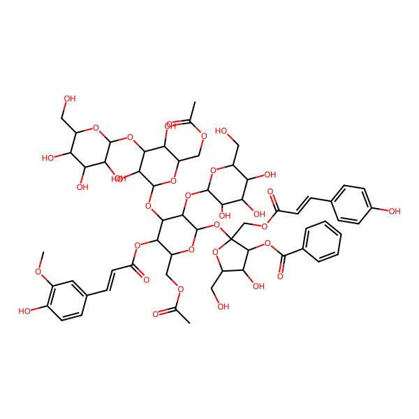 2D Structure of [2-[6-(Acetyloxymethyl)-4-[6-(acetyloxymethyl)-3,5-dihydroxy-4-[3,4,5-trihydroxy-6-(hydroxymethyl)oxan-2-yl]oxyoxan-2-yl]oxy-5-[3-(4-hydroxy-3-methoxyphenyl)prop-2-enoyloxy]-3-[3,4,5-trihydroxy-6-(hydroxymethyl)oxan-2-yl]oxyoxan-2-yl]oxy-4-hydroxy-5-(hydroxymethyl)-2-[3-(4-hydroxyphenyl)prop-2-enoyloxymethyl]oxolan-3-yl] benzoate