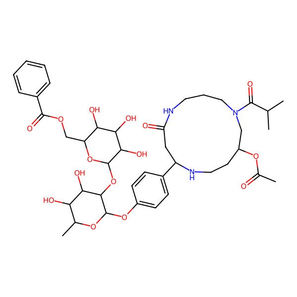 2D Structure of [(2R,3S,4S,5R,6S)-6-[(2S,3R,4R,5R,6S)-2-[4-[(2S,11R)-11-acetyloxy-9-(2-methylpropanoyl)-4-oxo-1,5,9-triazacyclotridec-2-yl]phenoxy]-4,5-dihydroxy-6-methyloxan-3-yl]oxy-3,4,5-trihydroxyoxan-2-yl]methyl benzoate