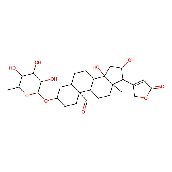 2D Structure of (3S,5R,8R,9S,10R,13R,14S,16S,17R)-14,16-dihydroxy-13-methyl-17-(5-oxo-2H-furan-3-yl)-3-[(2S,3R,4S,5R,6R)-3,4,5-trihydroxy-6-methyloxan-2-yl]oxy-1,2,3,4,5,6,7,8,9,11,12,15,16,17-tetradecahydrocyclopenta[a]phenanthrene-10-carbaldehyde