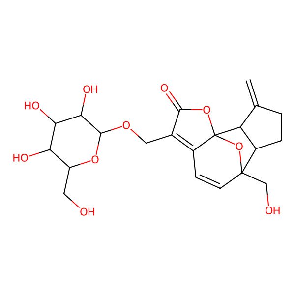 2D Structure of (1S,8R,9S,13S)-8-(hydroxymethyl)-12-methylidene-4-[[(2R,3R,4S,5S,6R)-3,4,5-trihydroxy-6-(hydroxymethyl)oxan-2-yl]oxymethyl]-2,14-dioxatetracyclo[6.5.1.01,5.09,13]tetradeca-4,6-dien-3-one