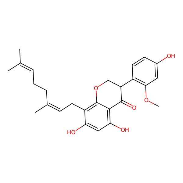 2D Structure of (3S)-8-[(2E)-3,7-dimethylocta-2,6-dienyl]-5,7-dihydroxy-3-(4-hydroxy-2-methoxyphenyl)-2,3-dihydrochromen-4-one