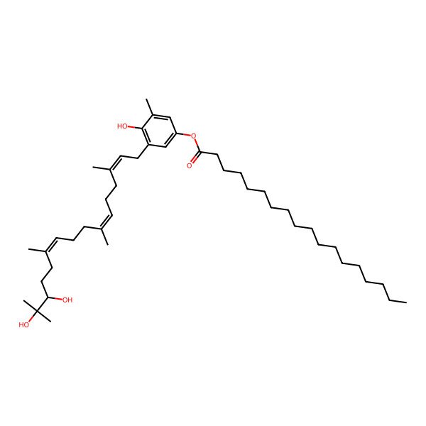 2D Structure of [3-[(2E,6E,10E,14R)-14,15-dihydroxy-3,7,11,15-tetramethylhexadeca-2,6,10-trienyl]-4-hydroxy-5-methylphenyl] octadecanoate