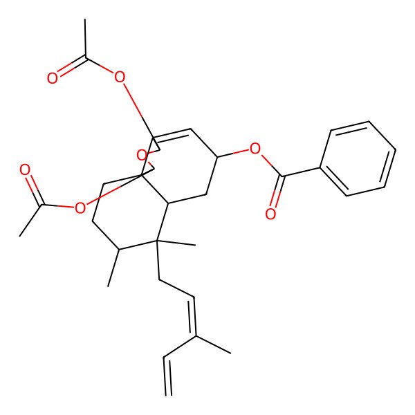 2D Structure of [1,3-Diacetyloxy-7,8-dimethyl-7-(3-methylpenta-2,4-dienyl)-1,3,5,6,6a,8,9,10-octahydrobenzo[d][2]benzofuran-5-yl] benzoate