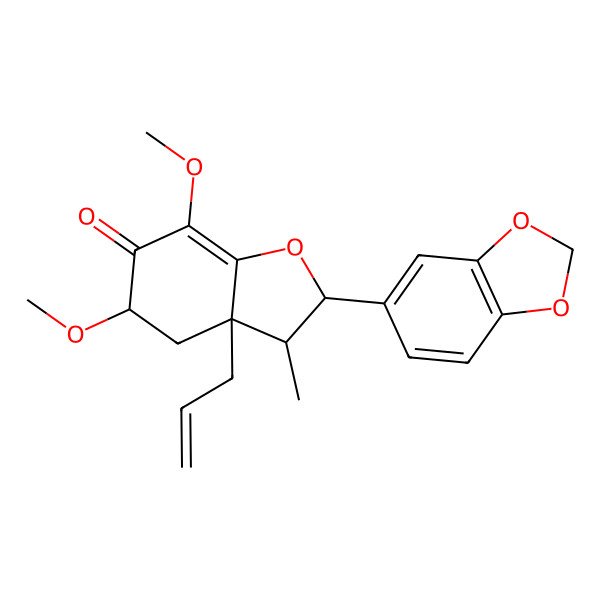 2D Structure of (2R,3R,3aR,5R)-2-(1,3-benzodioxol-5-yl)-5,7-dimethoxy-3-methyl-3a-prop-2-enyl-2,3,4,5-tetrahydro-1-benzofuran-6-one