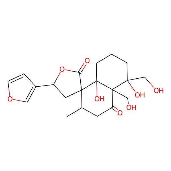 2D Structure of 5'-(furan-3-yl)-4a,8-dihydroxy-8,8a-bis(hydroxymethyl)-3-methylspiro[3,5,6,7-tetrahydro-2H-naphthalene-4,3'-oxolane]-1,2'-dione