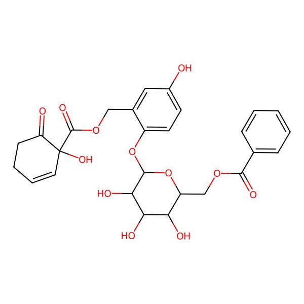 2D Structure of [(2R,3S,4S,5R,6S)-3,4,5-trihydroxy-6-[4-hydroxy-2-[(1-hydroxy-6-oxocyclohex-2-ene-1-carbonyl)oxymethyl]phenoxy]oxan-2-yl]methyl benzoate