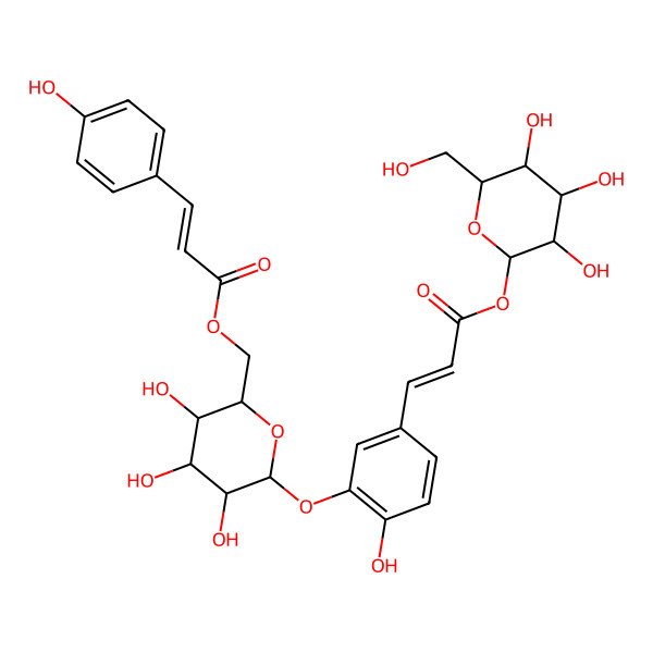 2D Structure of [(2R,3S,4S,5R,6S)-3,4,5-trihydroxy-6-[2-hydroxy-5-[(E)-3-oxo-3-[(2S,3R,4S,5S,6R)-3,4,5-trihydroxy-6-(hydroxymethyl)oxan-2-yl]oxyprop-1-enyl]phenoxy]oxan-2-yl]methyl (E)-3-(4-hydroxyphenyl)prop-2-enoate