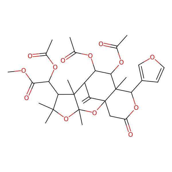 2D Structure of Methyl 2-acetyloxy-2-[7,8-diacetyloxy-5-(furan-3-yl)-6,10,12,12,14-pentamethyl-16-methylidene-3-oxo-4,13,15-trioxatetracyclo[7.6.1.01,6.010,14]hexadecan-11-yl]acetate
