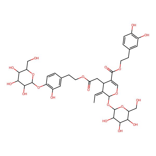 2D Structure of 2-(3,4-dihydroxyphenyl)ethyl (4R,5Z,6S)-5-ethylidene-4-[2-[2-[3-hydroxy-4-[(2S,3R,4S,5S,6R)-3,4,5-trihydroxy-6-(hydroxymethyl)oxan-2-yl]oxyphenyl]ethoxy]-2-oxoethyl]-6-[(2R,3S,4R,5R,6S)-3,4,5-trihydroxy-6-(hydroxymethyl)oxan-2-yl]oxy-4H-pyran-3-carboxylate