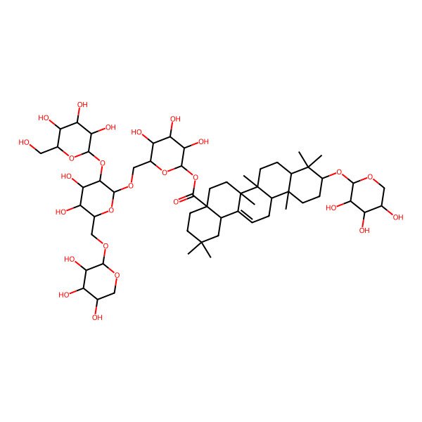 2D Structure of [(2S,3R,4S,5S,6R)-6-[[(2R,3R,4S,5S,6R)-4,5-dihydroxy-3-[(2S,3R,4S,5S,6R)-3,4,5-trihydroxy-6-(hydroxymethyl)oxan-2-yl]oxy-6-[[(2S,3R,4S,5R)-3,4,5-trihydroxyoxan-2-yl]oxymethyl]oxan-2-yl]oxymethyl]-3,4,5-trihydroxyoxan-2-yl] (4aS,6aR,6aS,6bR,8aR,10S,12aR,14bS)-2,2,6a,6b,9,9,12a-heptamethyl-10-[(2S,3R,4S,5R)-3,4,5-trihydroxyoxan-2-yl]oxy-1,3,4,5,6,6a,7,8,8a,10,11,12,13,14b-tetradecahydropicene-4a-carboxylate