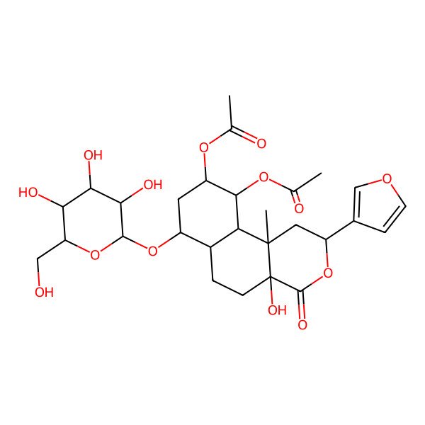 2D Structure of [10-Acetyloxy-2-(furan-3-yl)-4a-hydroxy-10b-methyl-4-oxo-7-[3,4,5-trihydroxy-6-(hydroxymethyl)oxan-2-yl]oxy-1,2,5,6,6a,7,8,9,10,10a-decahydrobenzo[f]isochromen-9-yl] acetate
