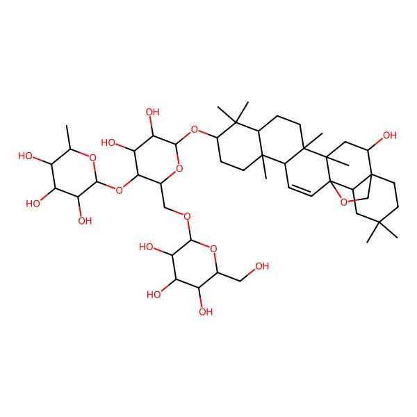 2D Structure of (2S,3R,4R,5R,6S)-2-[(2R,3S,4R,5R,6R)-4,5-dihydroxy-6-[[(2S,4S,5R,8R,10S,13S,14R,17R,18R)-2-hydroxy-4,5,9,9,13,20,20-heptamethyl-24-oxahexacyclo[15.5.2.01,18.04,17.05,14.08,13]tetracos-15-en-10-yl]oxy]-2-[[(2R,3R,4S,5S,6R)-3,4,5-trihydroxy-6-(hydroxymethyl)oxan-2-yl]oxymethyl]oxan-3-yl]oxy-6-methyloxane-3,4,5-triol