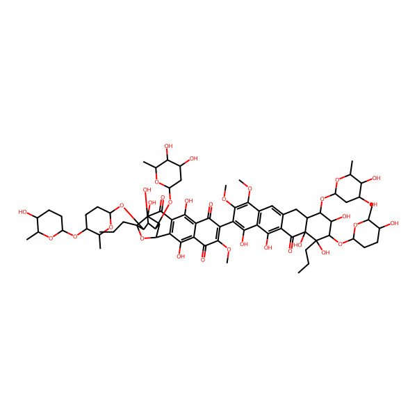 2D Structure of 7-(4,5-dihydroxy-6-methyloxan-2-yl)oxy-15-[7-(4,5-dihydroxy-6-methyloxan-2-yl)oxy-1,8,10,10a,12-pentahydroxy-9-(5-hydroxy-6-methyloxan-2-yl)oxy-3,4-dimethoxy-11-oxo-10-propyl-6a,7,8,9-tetrahydro-6H-tetracen-2-yl]-6,9,12,19-tetrahydroxy-5-[5-(5-hydroxy-6-methyloxan-2-yl)oxy-6-methyloxan-2-yl]oxy-16-methoxy-4-propyl-3-oxapentacyclo[9.8.0.02,8.04,9.013,18]nonadeca-1(11),12,15,18-tetraene-10,14,17-trione